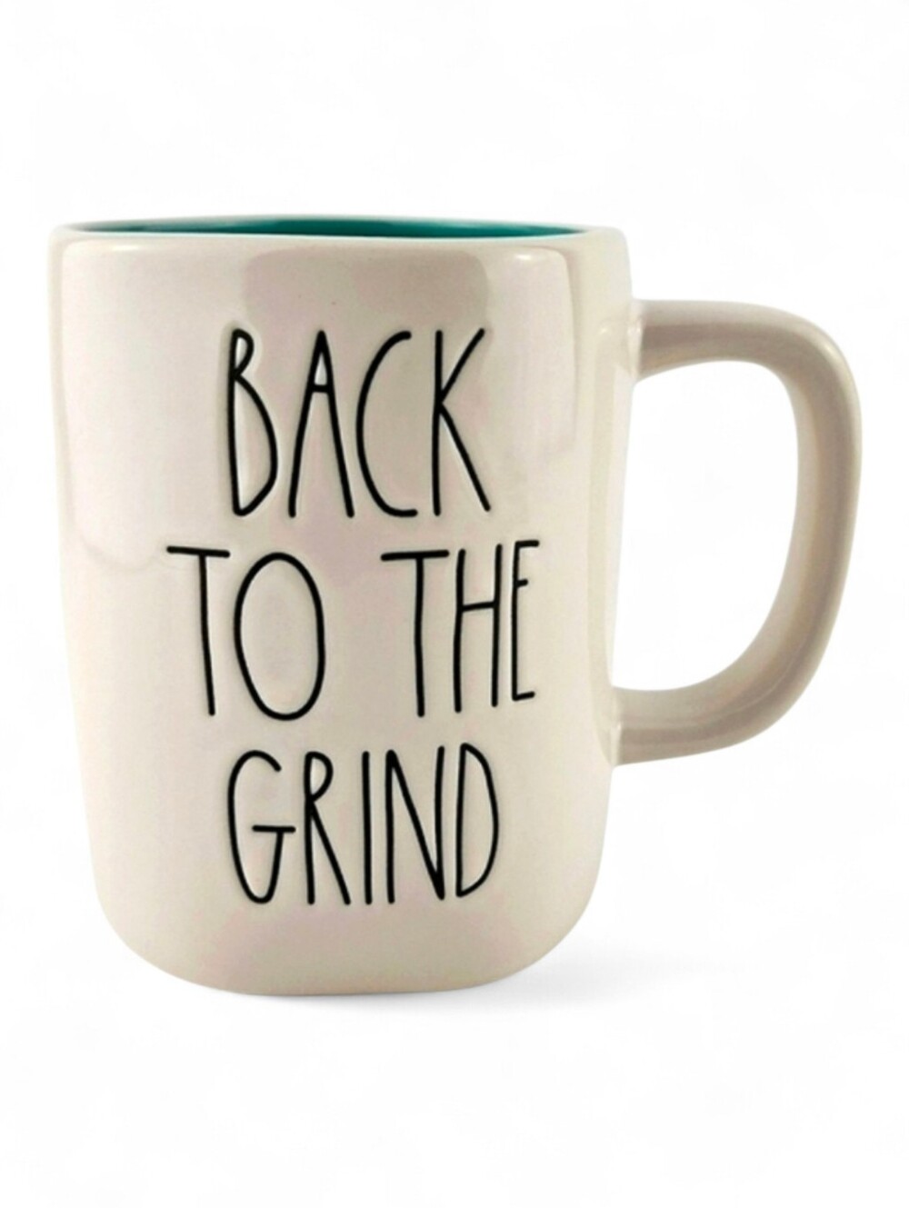 RAE DUNN Artisan White Mug Large Letters BACK TO THE GRIND Blue Interior